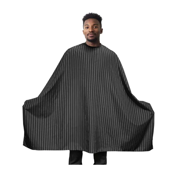 A black pinstriped barber cape