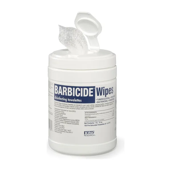 A tub of Barbicide disinfecting wipes