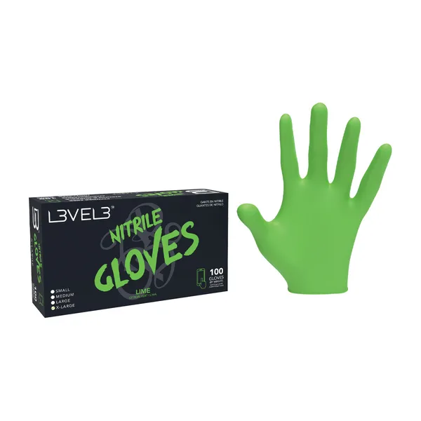 A box of L3VEL3 lime nitrile gloves