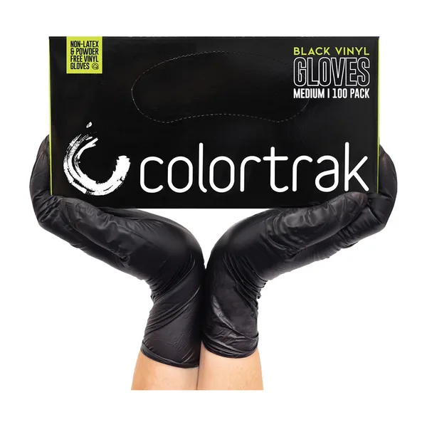 A box of Colortrak black vinyl gloves